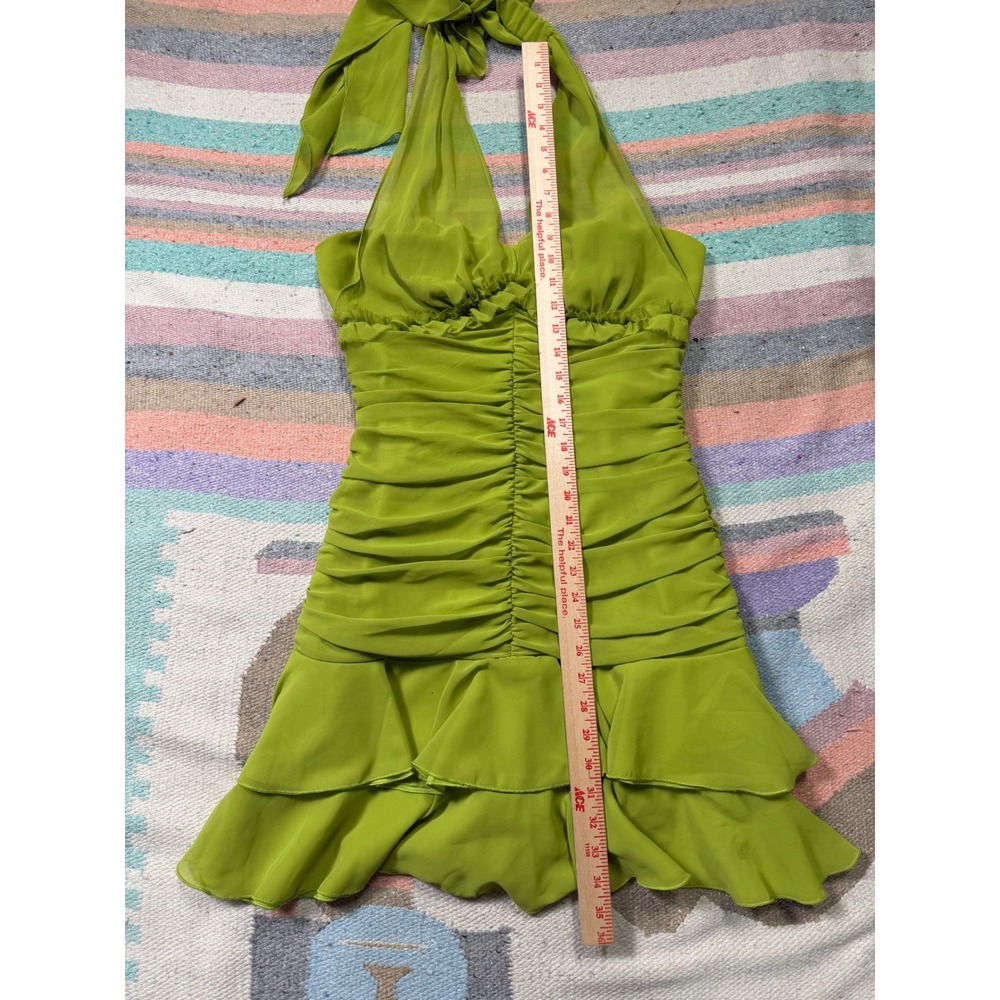 Vintage Y2K Roberta Lime Green Ruched Halter Ruffle Mini Dress Size 2–4 - Picture 5 of 5
